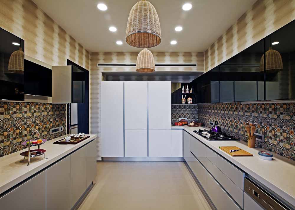 An indian kitchen design in small apartment with smaller space for kitchen island but more storage cabinets with pendant lights - Beautiful Homes