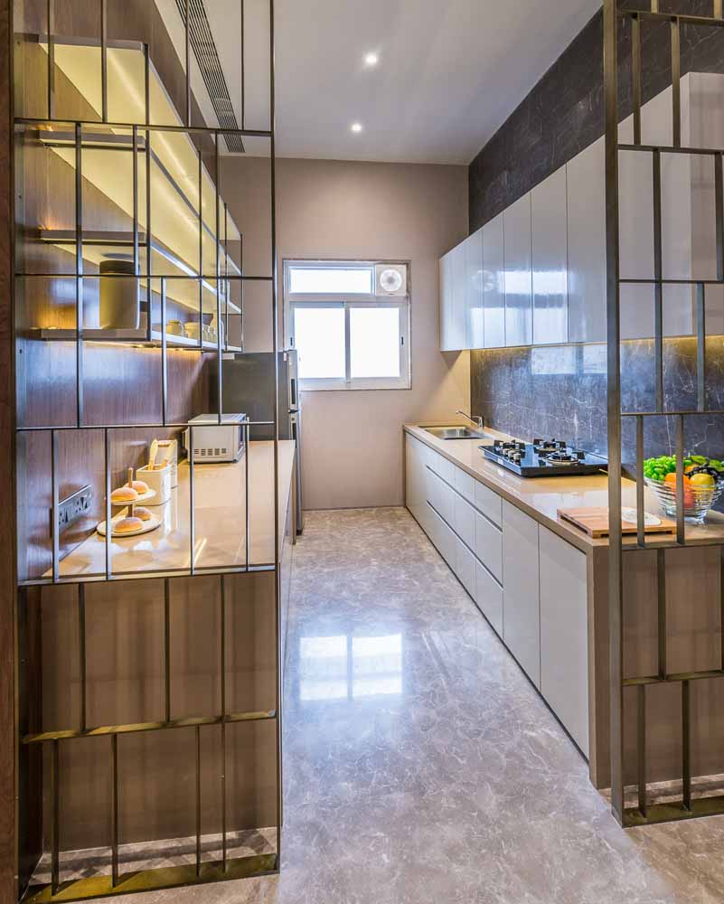 A hybrid kitchen layout partitioned with metal panels for privacy but also with open space experience - Beautiful Homes