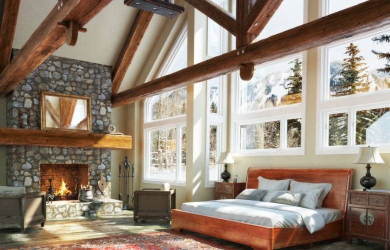 Open floor cabin stone fireplace design - Beautiful Homes