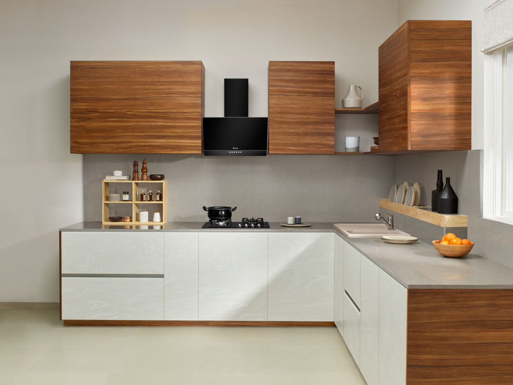 White & wood modular kitchen design - Beautiful Homes