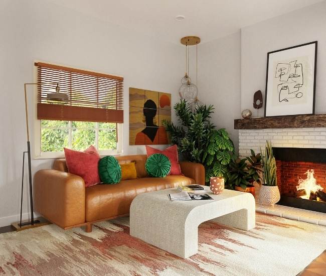 Custom living room design with wooden blinds - Beautiful Homes