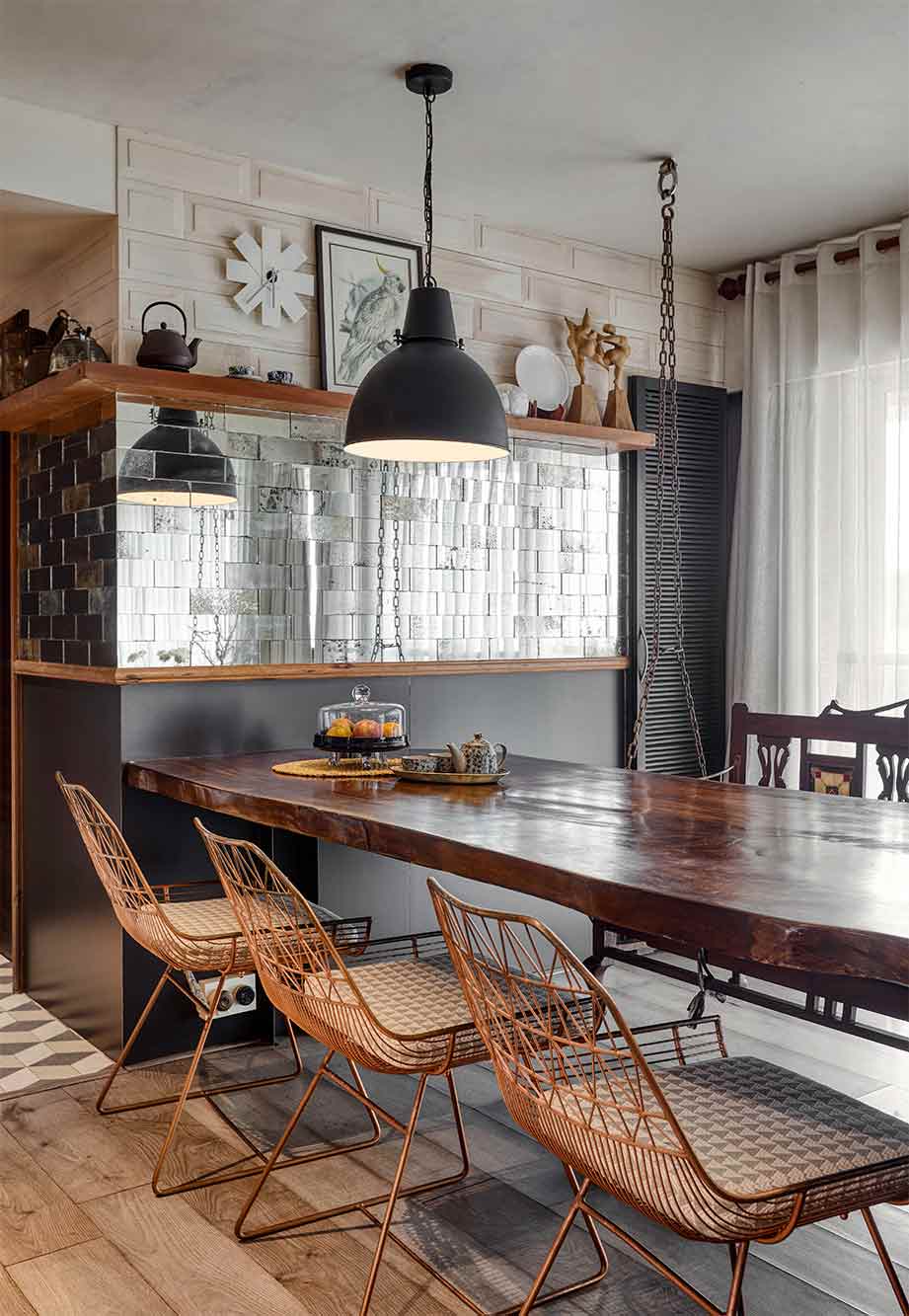 Cane Chairs With Wooden Dining Table Attached To Wall - Beautiful Homes