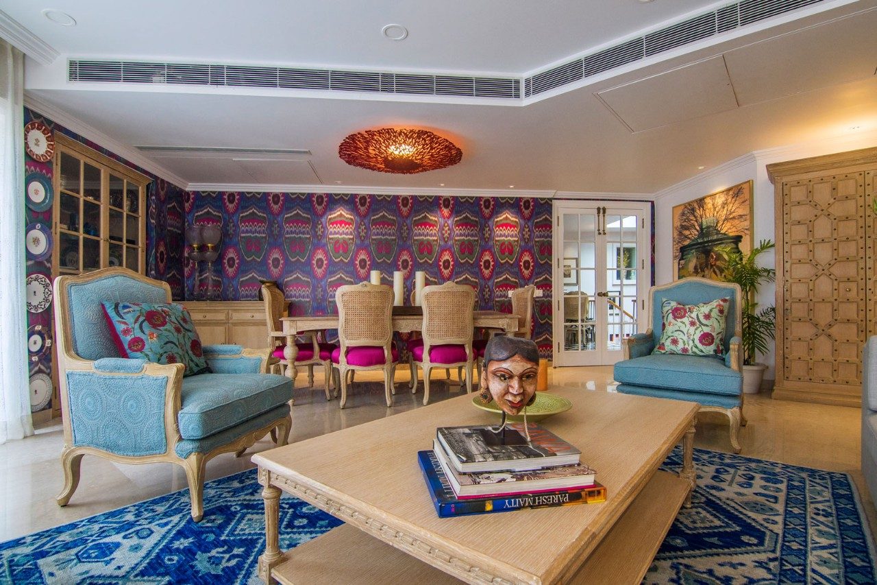 The printed Ikat wallpaper in the living room - Beautiful Homes