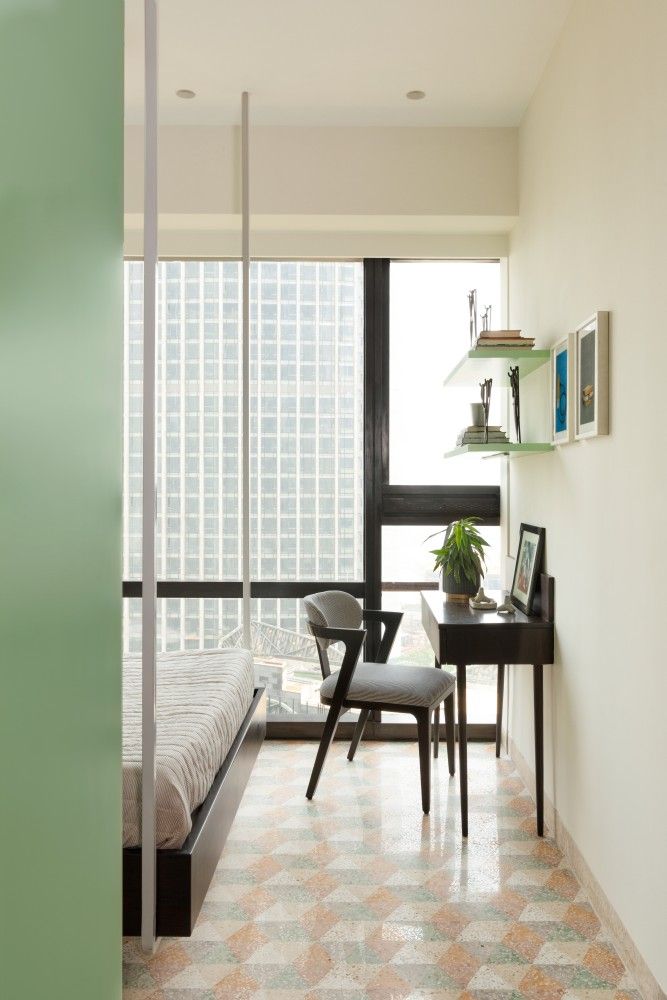 Patterned tiles in the bedroom give off a 3D effect - Beautiful Homes