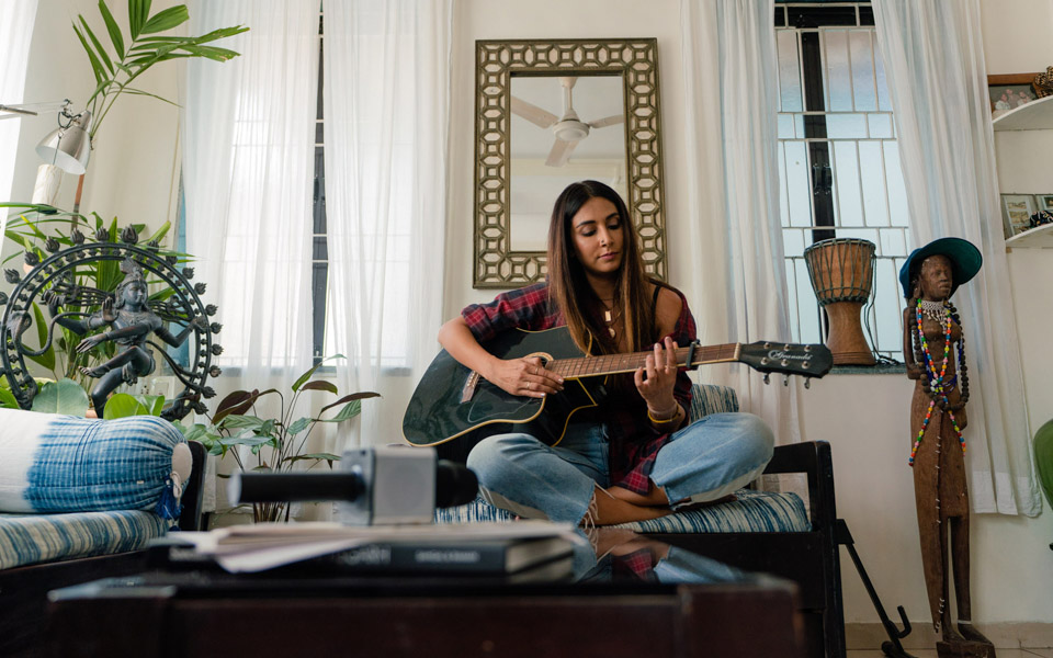 Monica Dogra at her living room