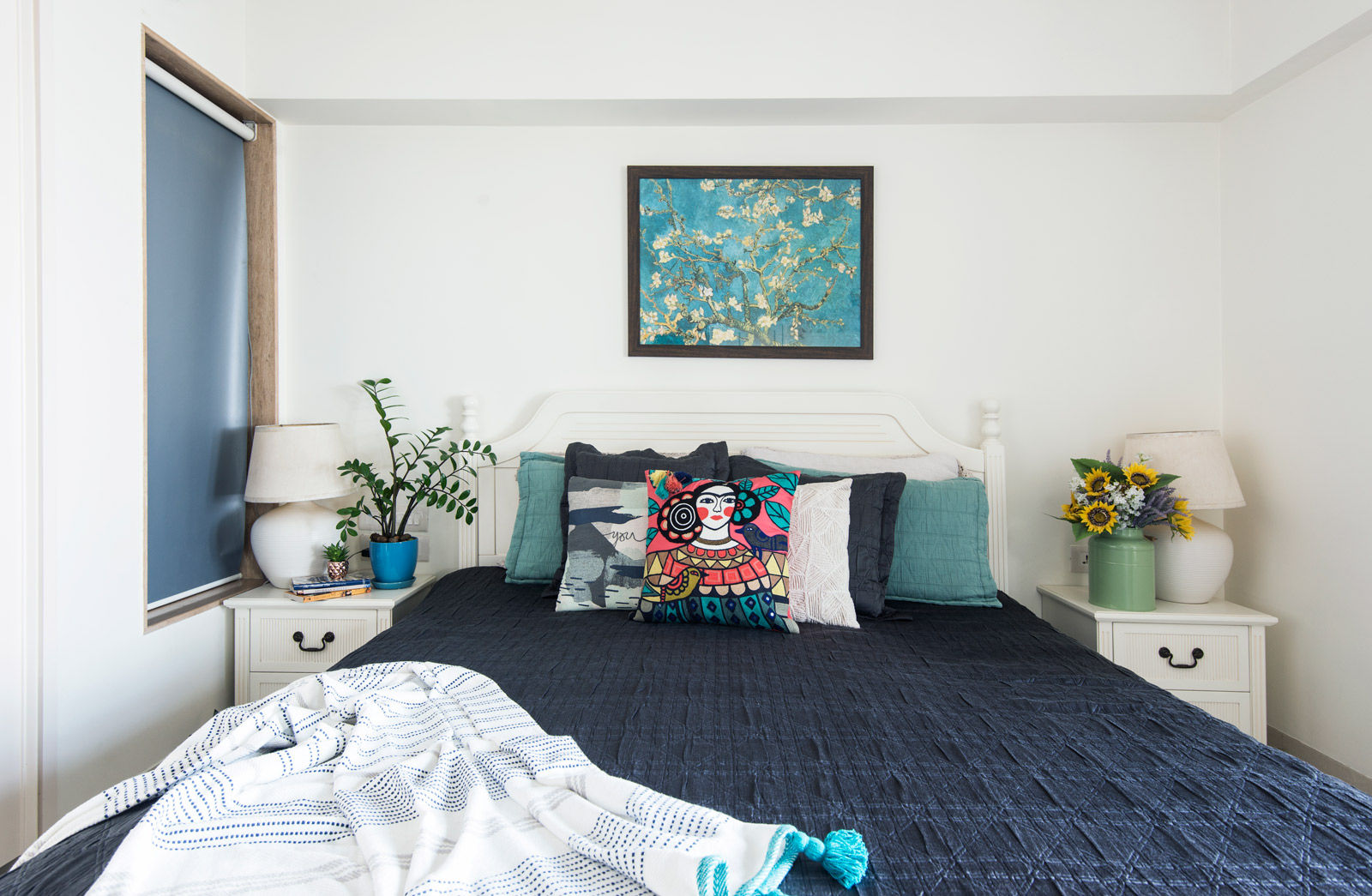 Rohina's bedroom is inspired by her love for Greece and hence is done up in white and blue - Beautiful Homes