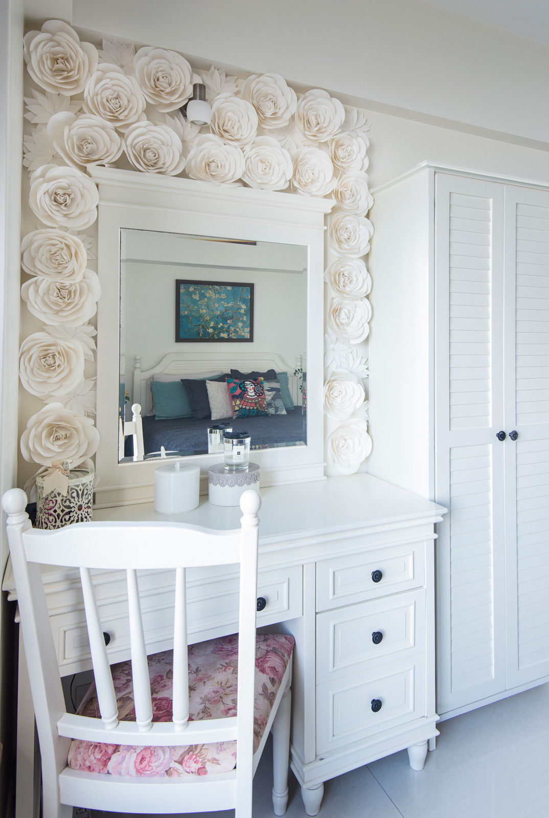 The dressing table is an all-white dream with handmade paper flowers - Beautiful Homes