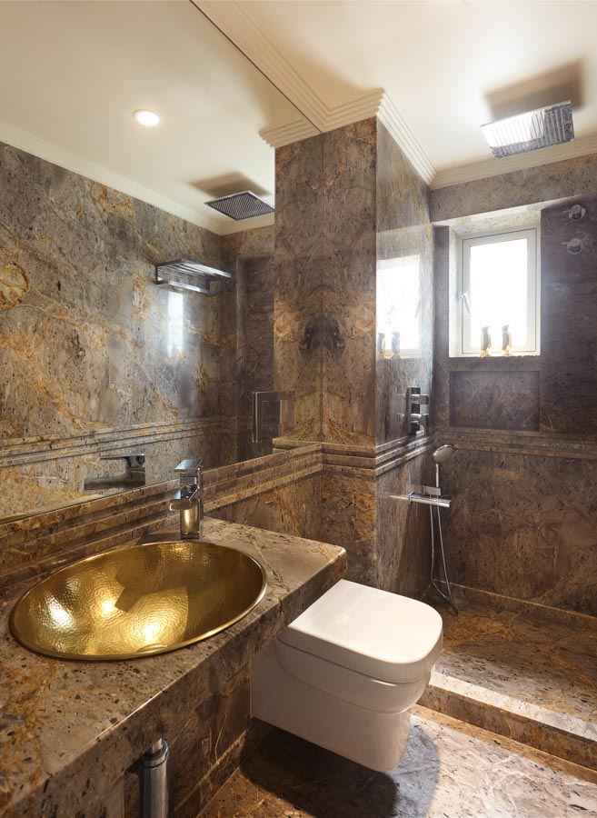 Bathroom Design With Gold Wash Basin & Golden Granite - Beautiful Homes