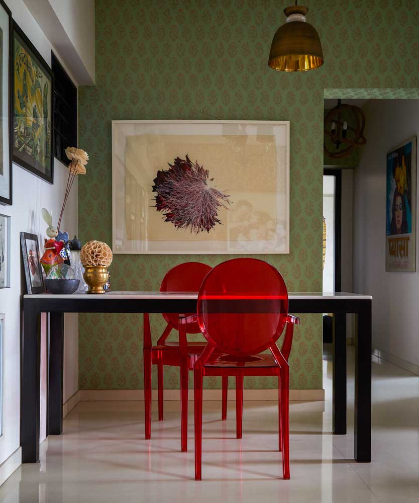 Dining room wallpaper is from Sabyasachi for Nilaya by Asian Paints - Beautiful Homes