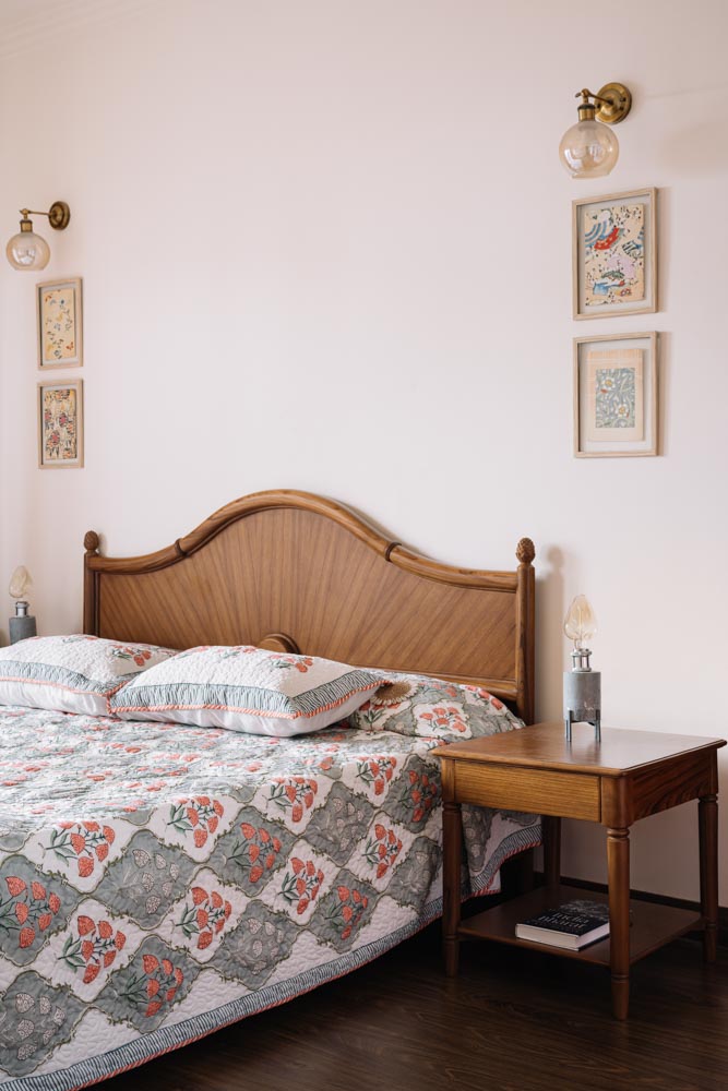 The guest room bed is custom made & has Japanese botanical prints - Beautiful Homes