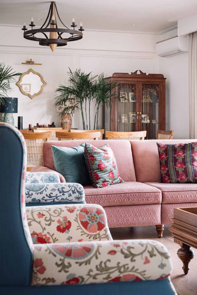 The living room décor is colourful with upholstery fabrics & indoor plants - Beautiful Homes