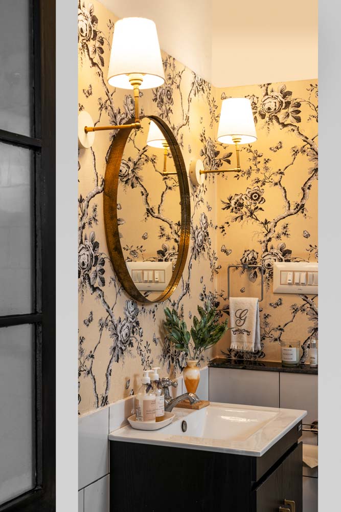 Master bathroom décor with lights & printed wallpaper - Beautiful Homes
