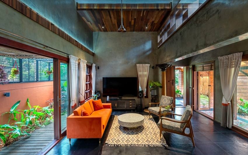 Polished plastered walls & exposed concrete ceiling for living room - Beautiful Homes