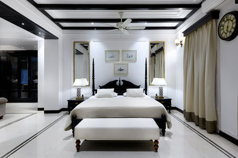 White Bedroom With Soft & Crafted Furniture Design, White & Black False Ceiling - Beautiful Homes