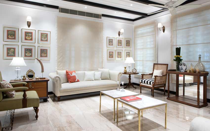 Living room design ideas with ornate moldings, cornices & botticino floors - Beautiful Homes