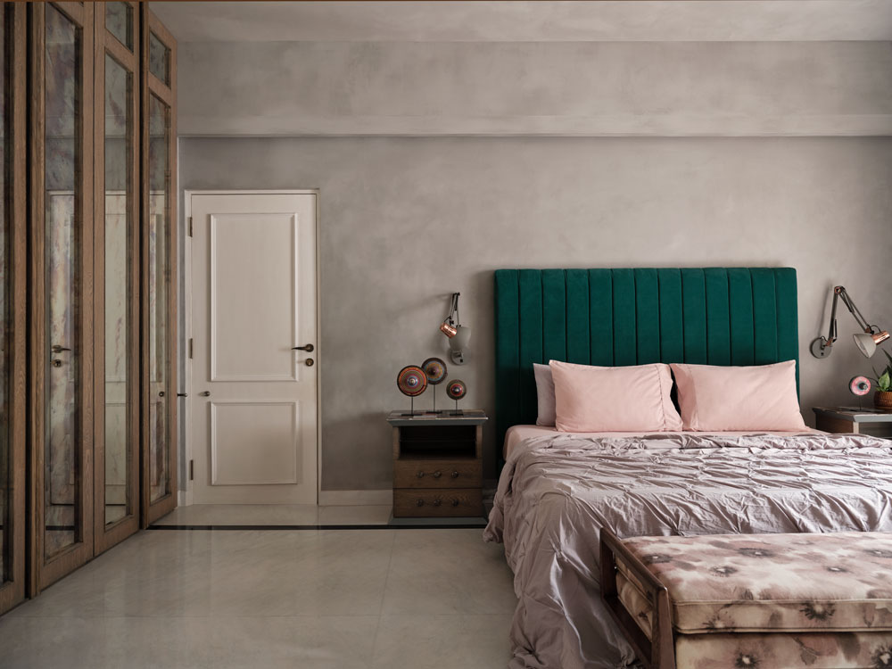 Farah's master bedroom design is made with cement paint walls & colour blocks - Beautiful Homes 