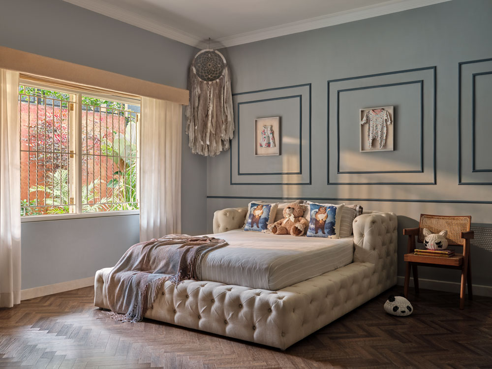 Farah's son's modern bedroom design with blue paint colour & home décor items - Beautiful Homes