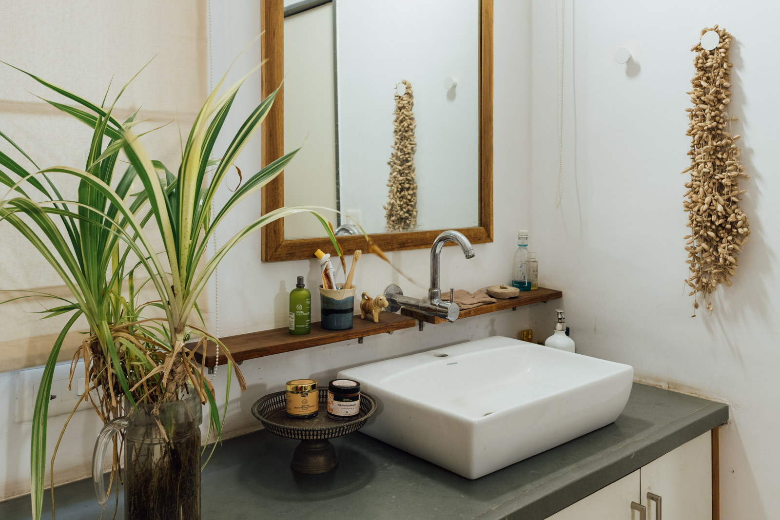 simple Materials like Kota Stone and Curtains in the Bathroom – Beautiful Homes