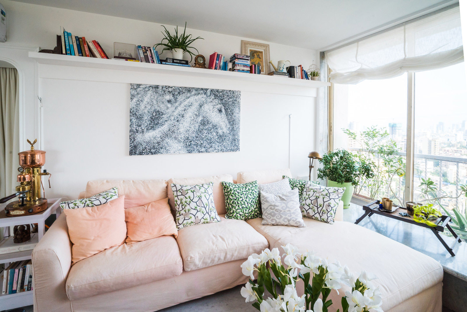Jacqueline Fernandez’s Living Room Design With Salmon-Pink Sofa & Painting of Horse on the Wall - Beautiful Homes