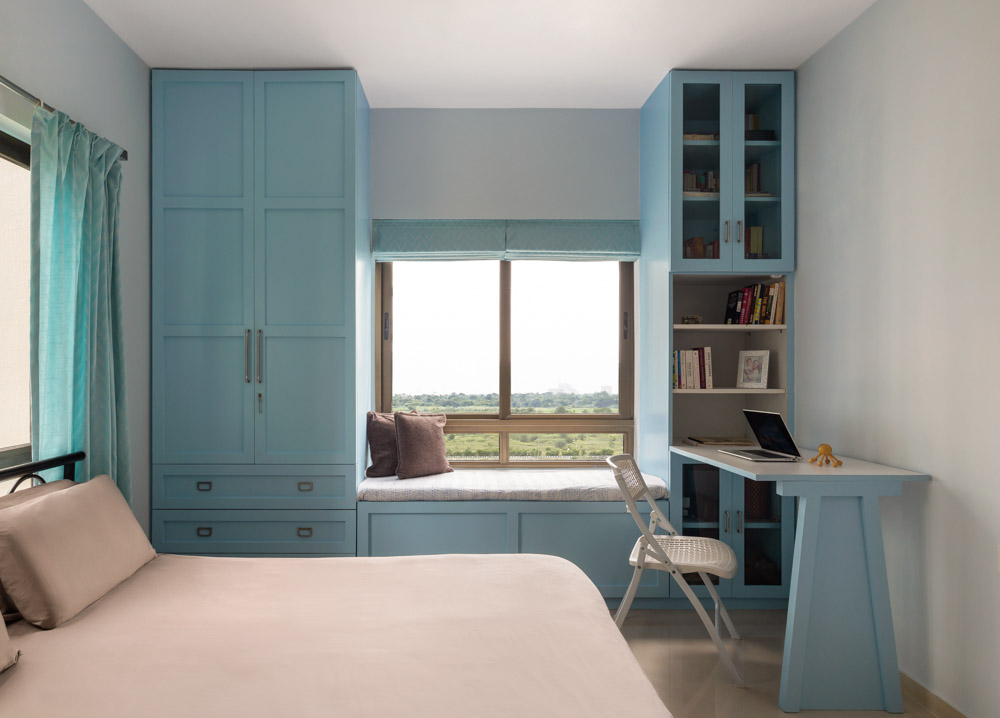 Furniture for guest-room-cum-study & sky-blue colour palette for furniture - Beautiful Homes