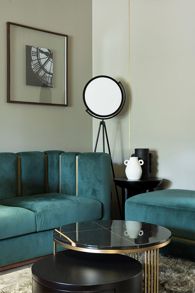 Turquoise sectional sofa, ottoman & standing mirror - Beautiful Homes