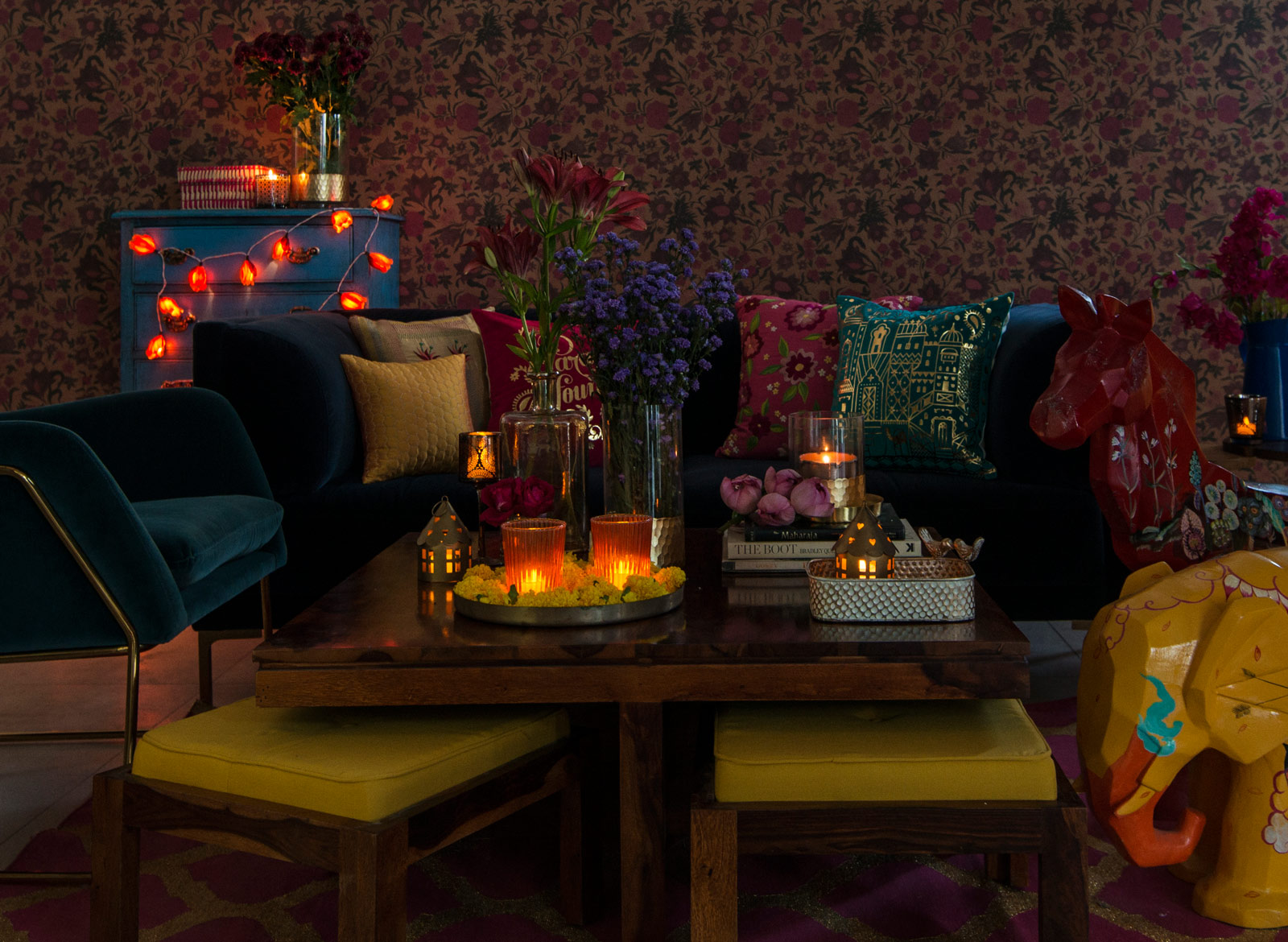 Colourful Living Room Ideas with Foil Prints on Cushions & Floral Lights - Beautiful Homes