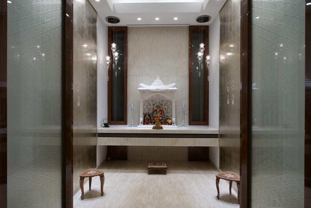 Minimal Fuss Free Pooja Room Design With Solid Wood Panelling, Marble Floors & White Walls - Beautiful Homes