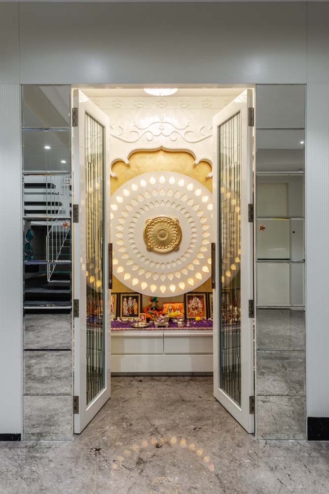Private Pooja Room Design With Mirrored Doors For Small Space - Beautiful Homes