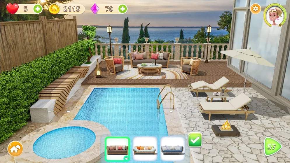 Mobile game Homecraft screenshot with luxury swimming pool and sea on the horizon