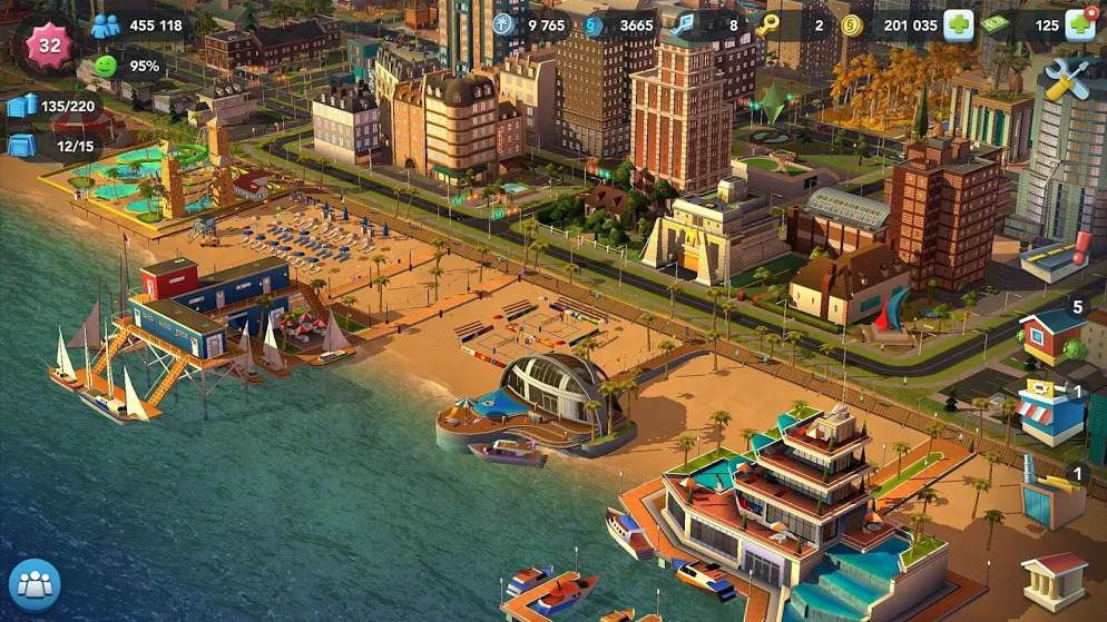 Mobile game Simcity screenshot with city on the beach, luxury houses by the sea and skyscrapers in the back 