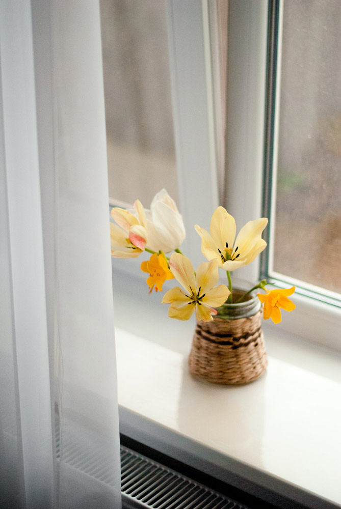 A planter with yellow flowers kept beside a window