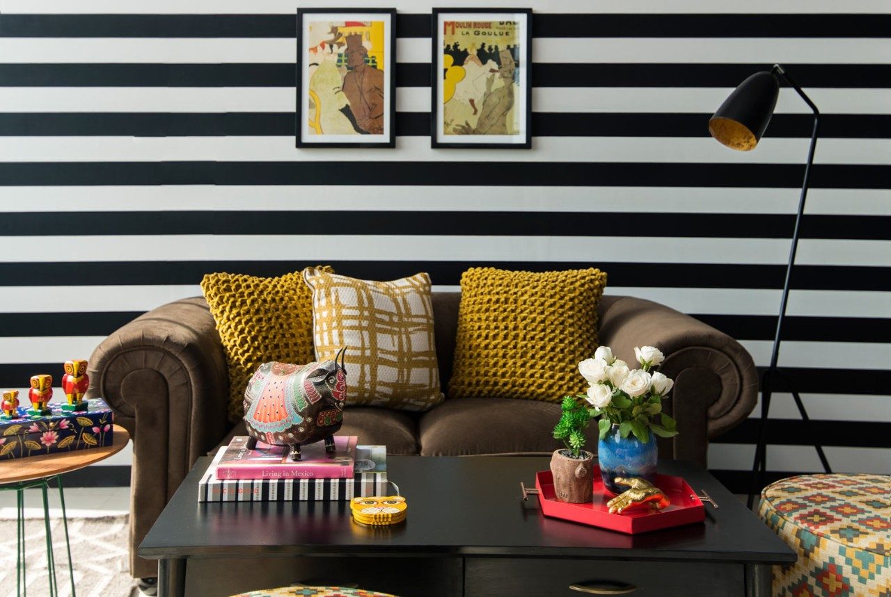 Compact Living Room Design Ideas With Floor Lamp, Brown Sofa & Bold Striped Wallpaper - Beautiful Homes