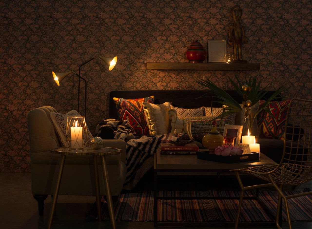 Contemporary Indian Living Room Design With Floor Lamp, Texture Wall & Printed Rug - Beautiful Homes