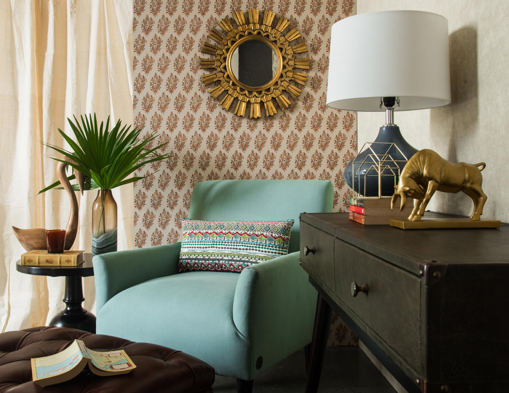 Corner Space Décor Ideas With Armchair, Table Lamp & Patterned Wall Texture - Beautiful Homes