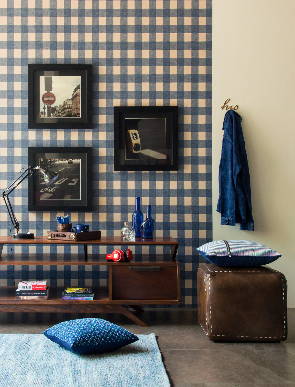 A Masculine Corner with Denim & Leather - Beautiful Homes