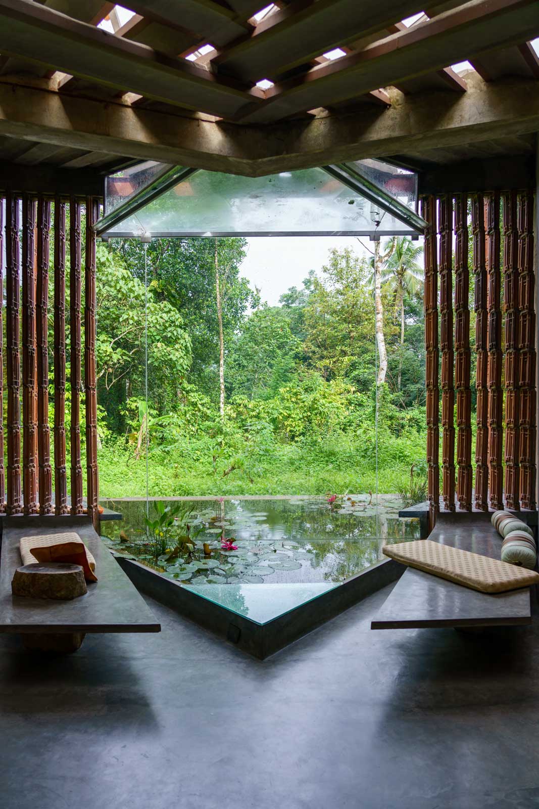 the pond in the living area in kerala home