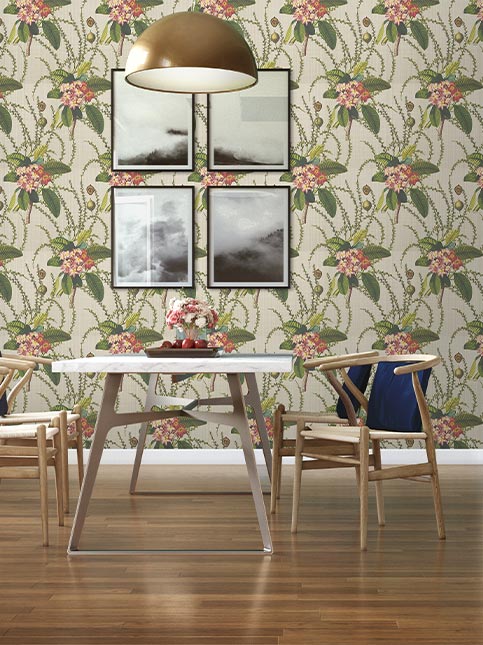 Botanica Champa Taupe wallpaper design for dining room - Beautiful Homes