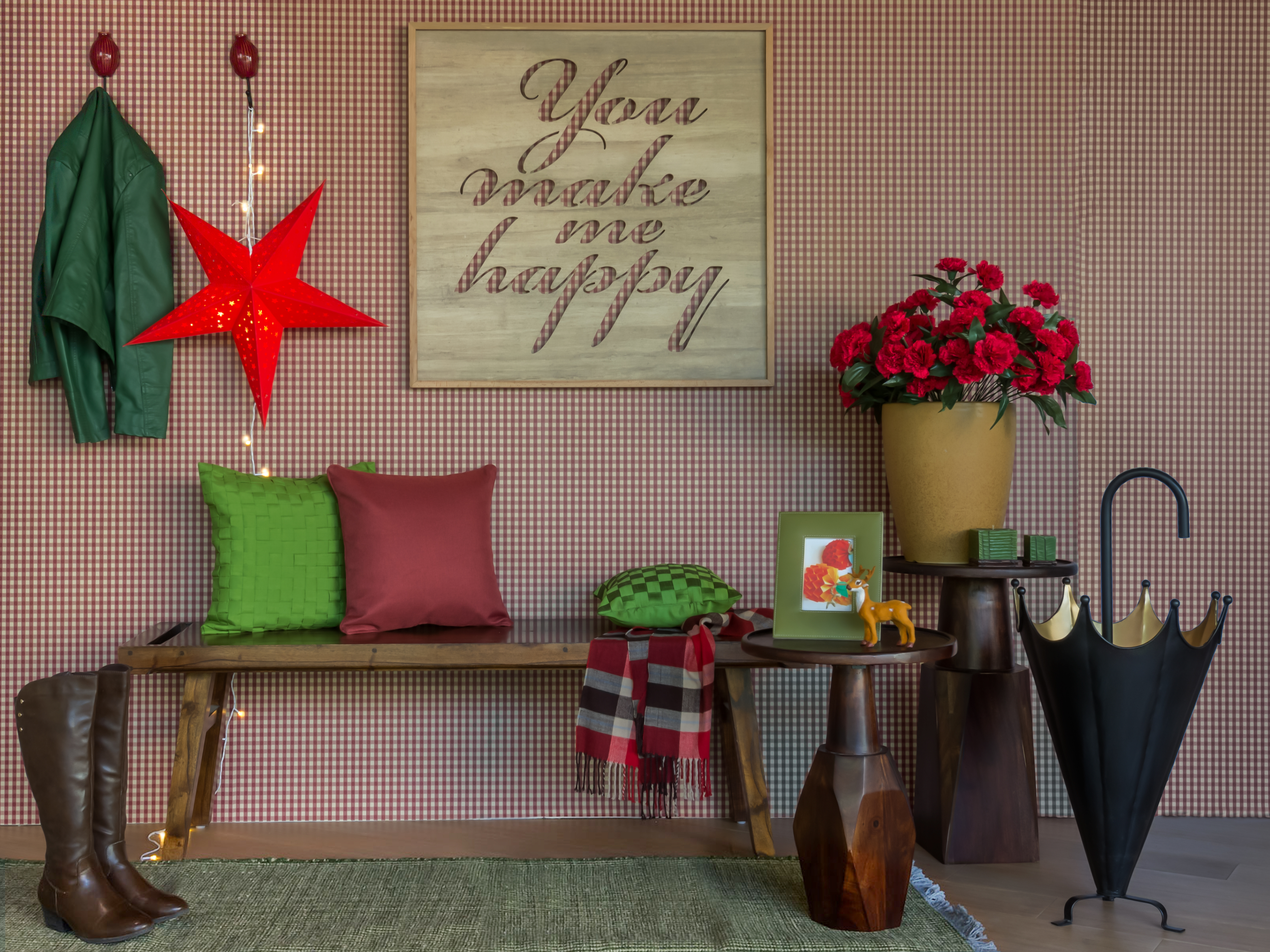 entryway decoration with red and green christmas theme