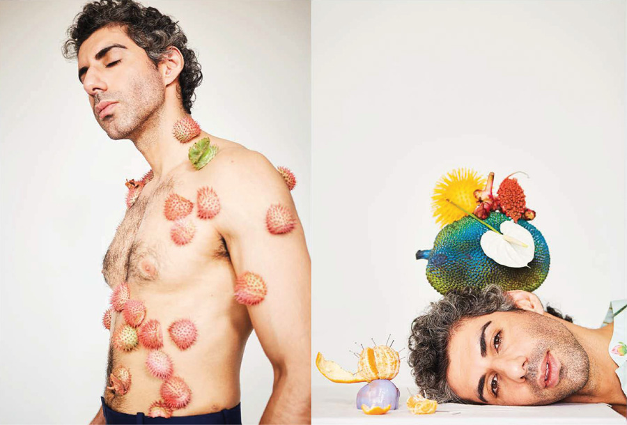 Portraits of actor Jim Sarbh, styled using different fruits