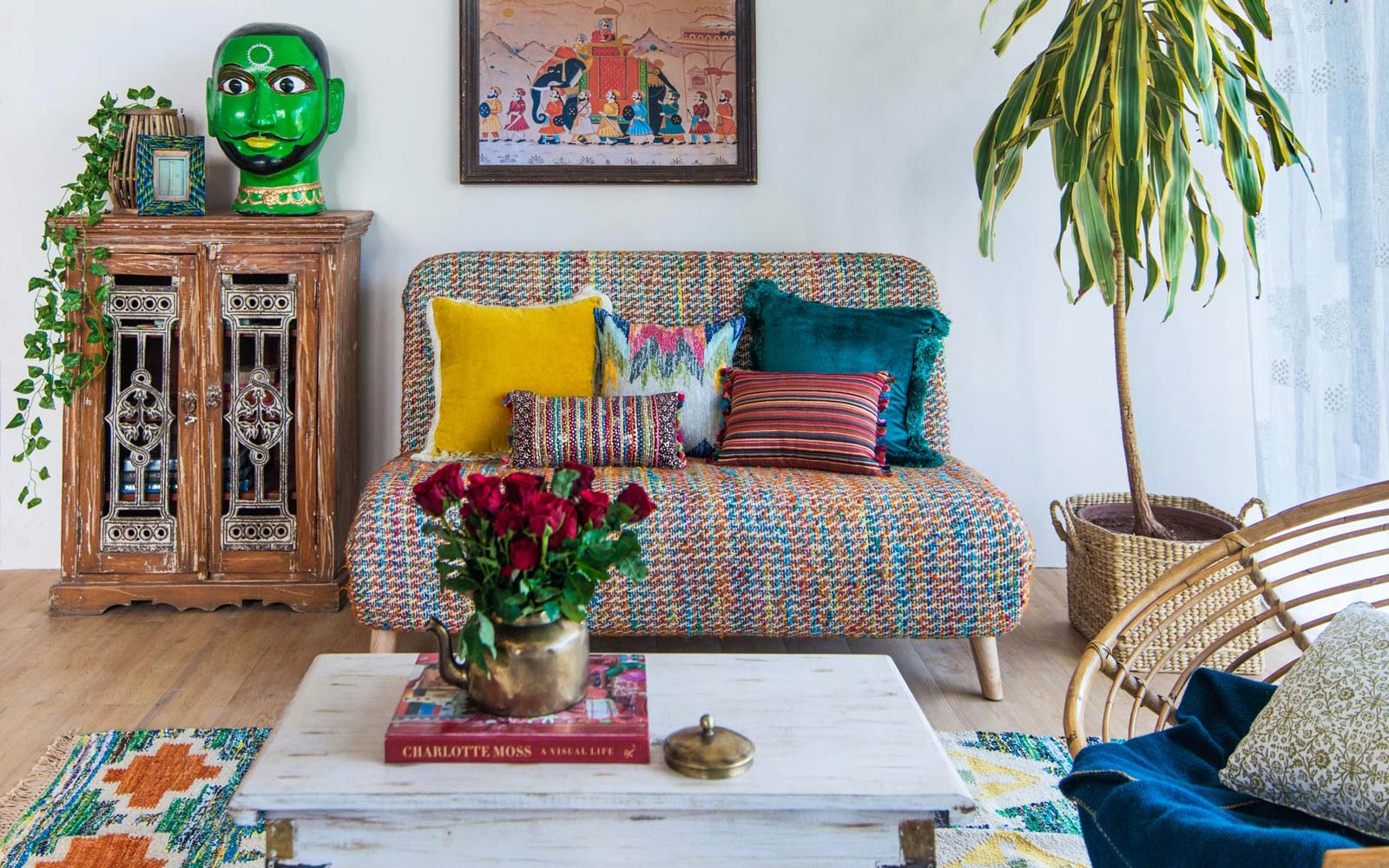 Boho Chic Living Room Design with Papasan Chair & Wood Floor - Beautiful Homes