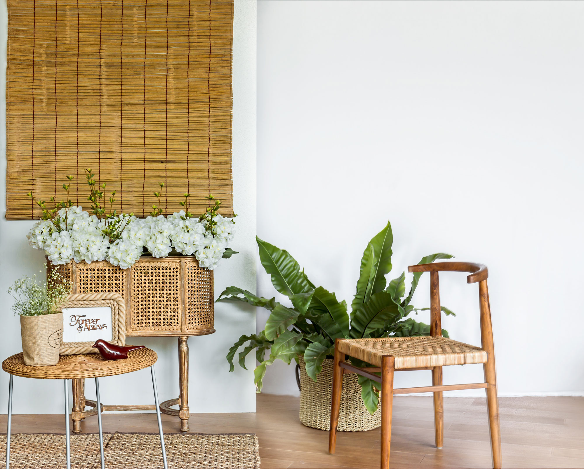 home interiors in a combination of cane, jute and greens