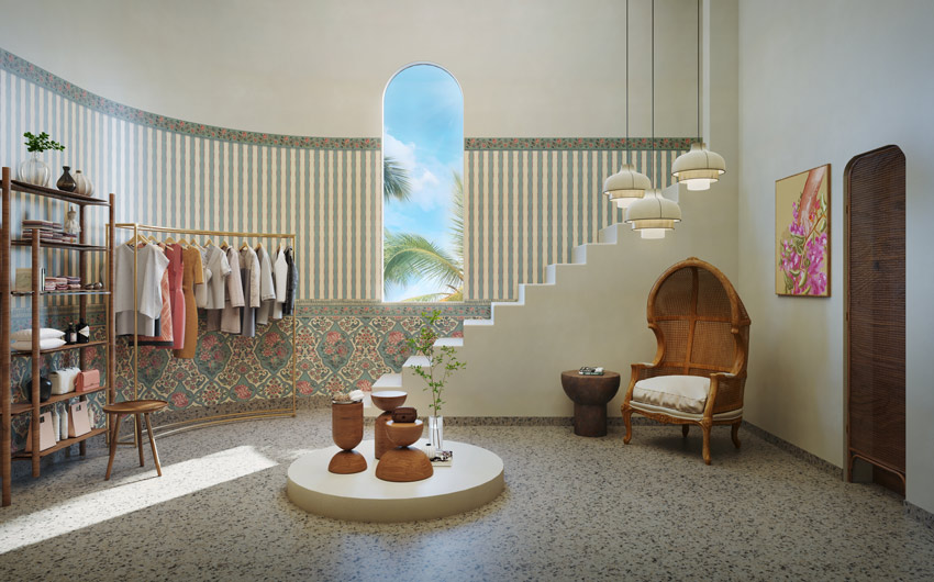 A wallpapered room with a terrazzo floor, a tall chair, and clothes hanging on a cloth rack