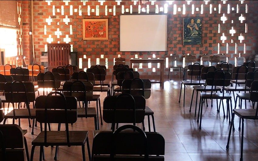 School interior design with brick walls