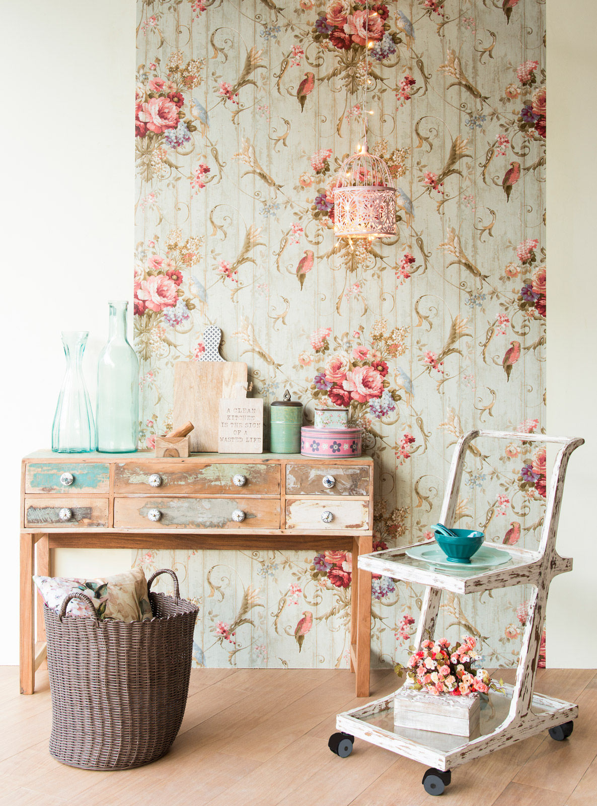 Vintage Style Kitchen Design with Some Blush Colors & Distressed Furniture - Beautiful Homes