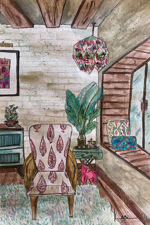 Hand drawn illustration of living room area with colourful armchair