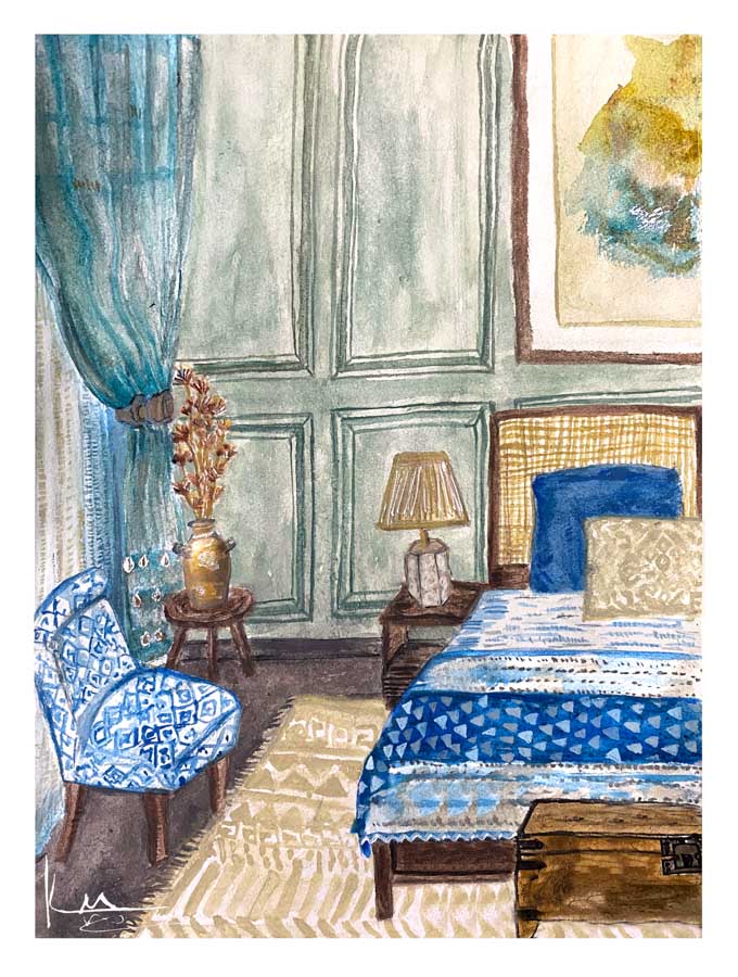 Hand drawn illustration of bedroom with blue hues and miy-patterned bedhseets