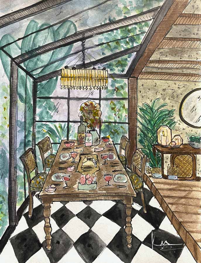 Hand drawn illustration of dining room with big table and chandelier