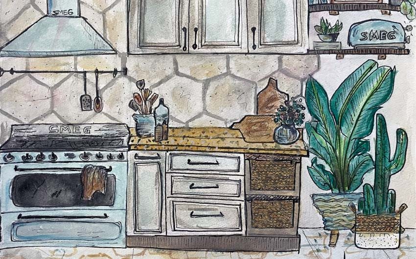 A kitchen with a tiled splashback, two planters, a chimney and a bread toaster