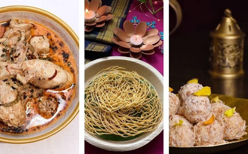 A bowl of Chicken Malai Curry, a plate full of Omapodi and a brass plate with white chocolate ladoos