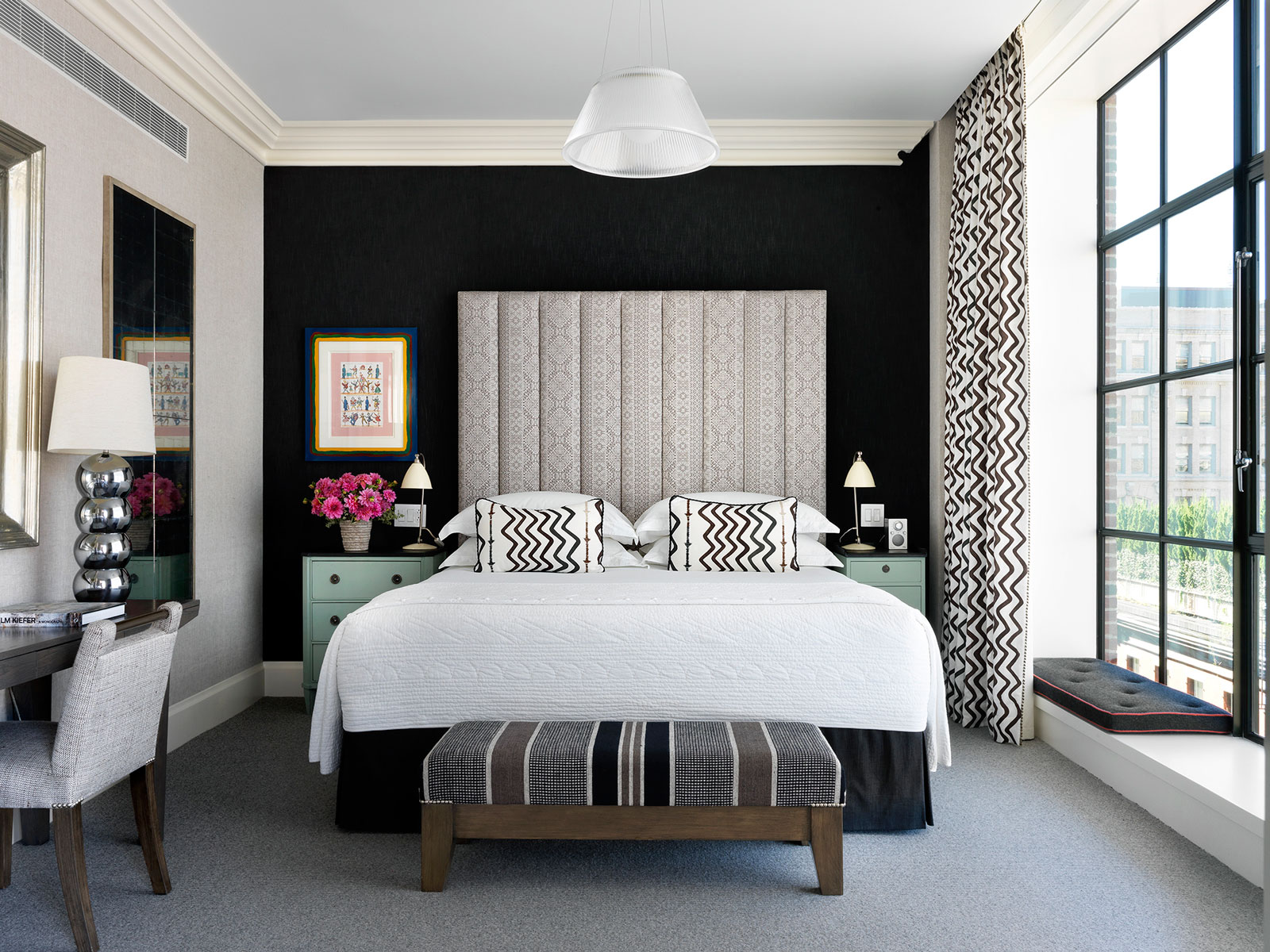 The monochrome guest room with a black fabric wall panel at the Crosby Street hotel in New York – Beautiful Homes